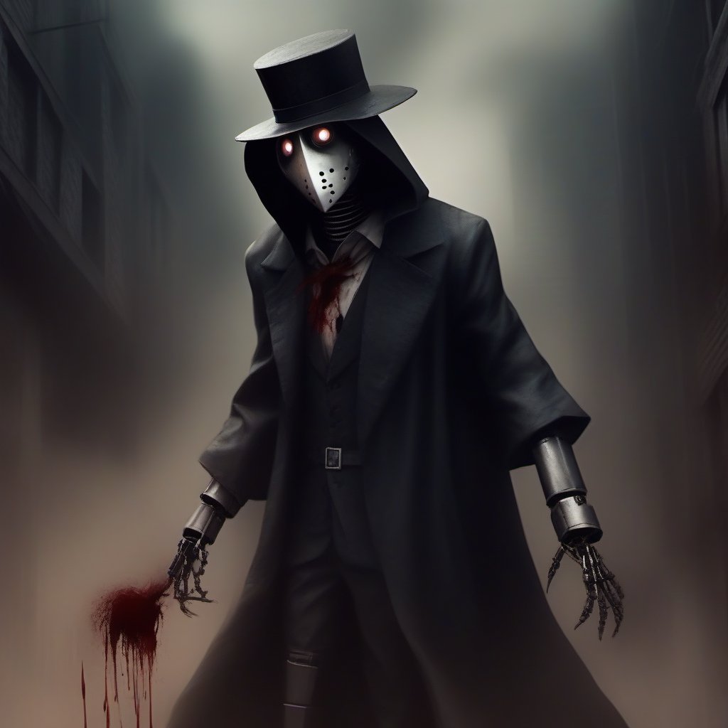 scary with blood, robot, estilo gotico con una mascara negra en forma de pico en una ciudad de neos y con humo de fondo, mascara en forma de pico, plague_mask, corbus_face_ robotic, hightech_robotics, margaret , plague doctor, Marionette,silent hill style