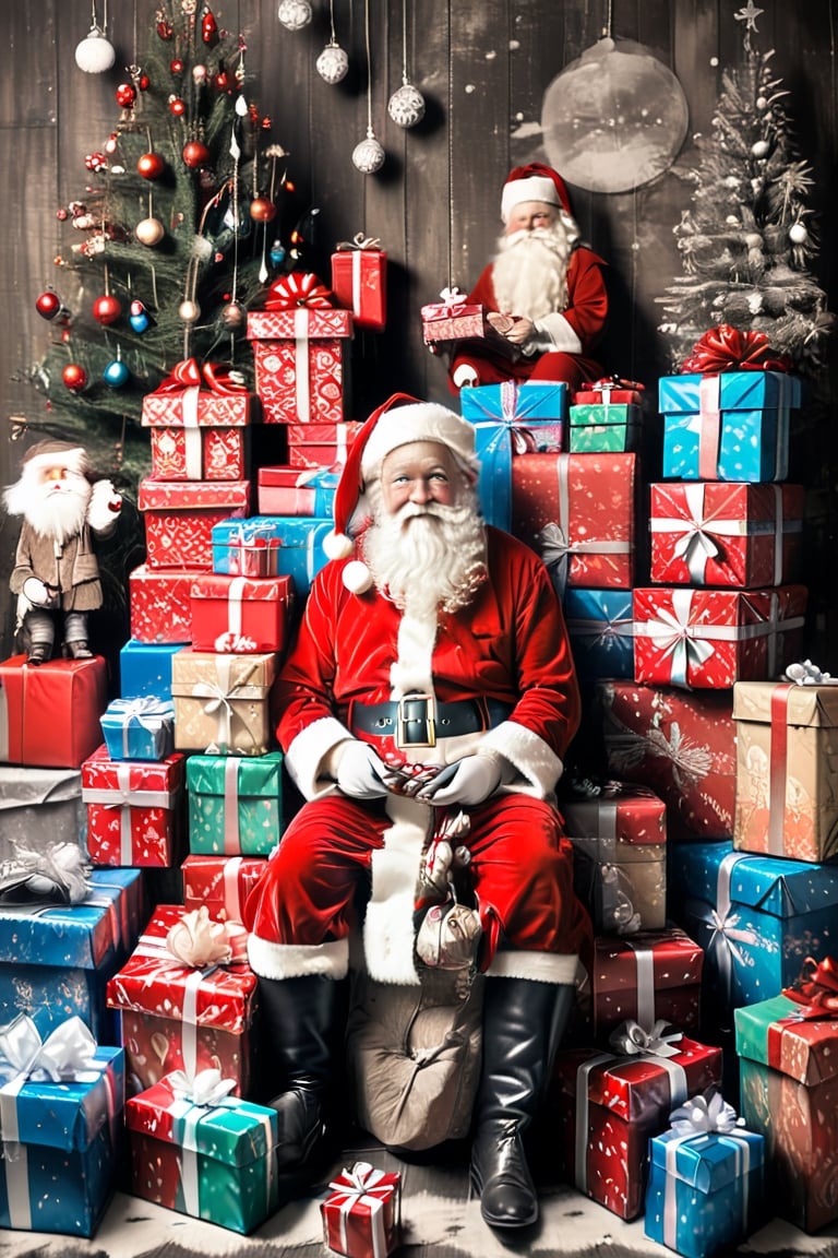 black and white photography.
Santa Claus with a small child on his knee, surrounded by gifts of various colors, Christmas atmosphere

Art style by Kate Baylay,