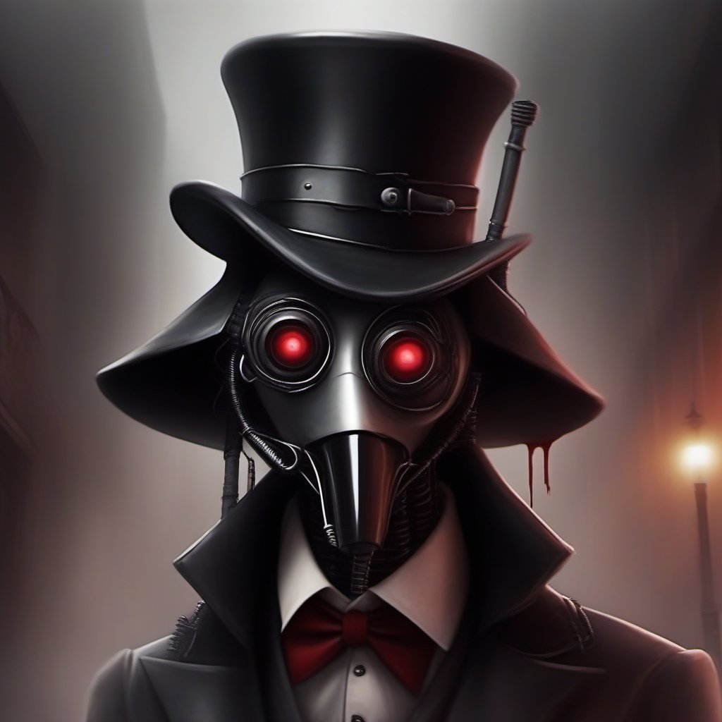 scary with blood, robot, estilo gotico con una mascara negra en forma de pico en una ciudad de neos y con humo de fondo, mascara en forma de pico, plague_mask, corbus_face_ robotic, hightech_robotics, margaret , plague doctor, Marionette,silent hill style