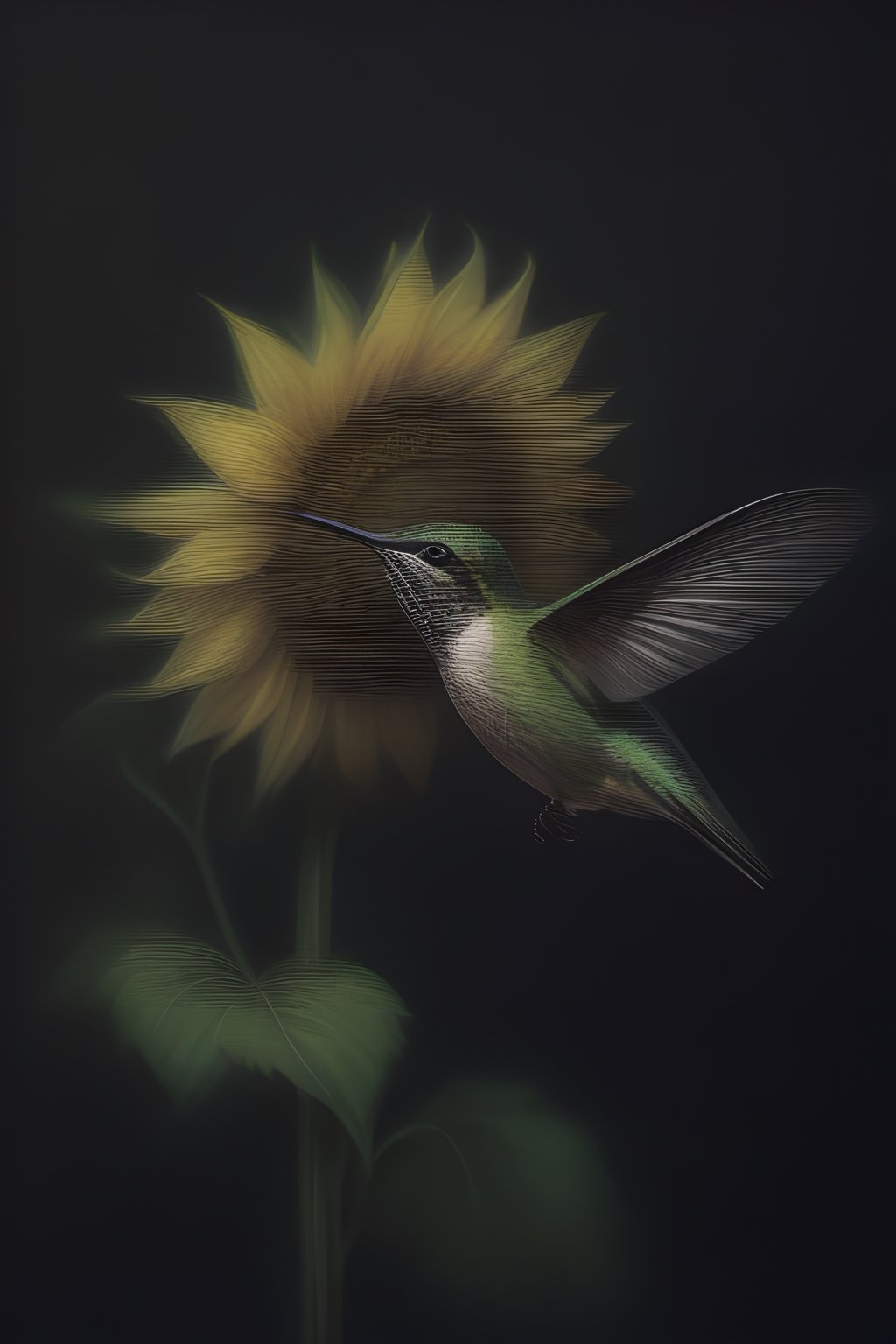 Create an elegant and captivating portrait of a wonderful hummingbird sniffing a sunflower. Use vibrant light and shadow to highlight complex details and jagged edges. Let the dark black and gold textured background accentuate the painting, combining modern styles with neon green and yellow paints, give a touch of pen painting, watercolor and oil techniques. Embrace negative space with captivating brushstrokes and stencil art, evoking beauty and allure.,Digital painting ,ColorART,pencil sketch,<lora:659095807385103906:1.0>