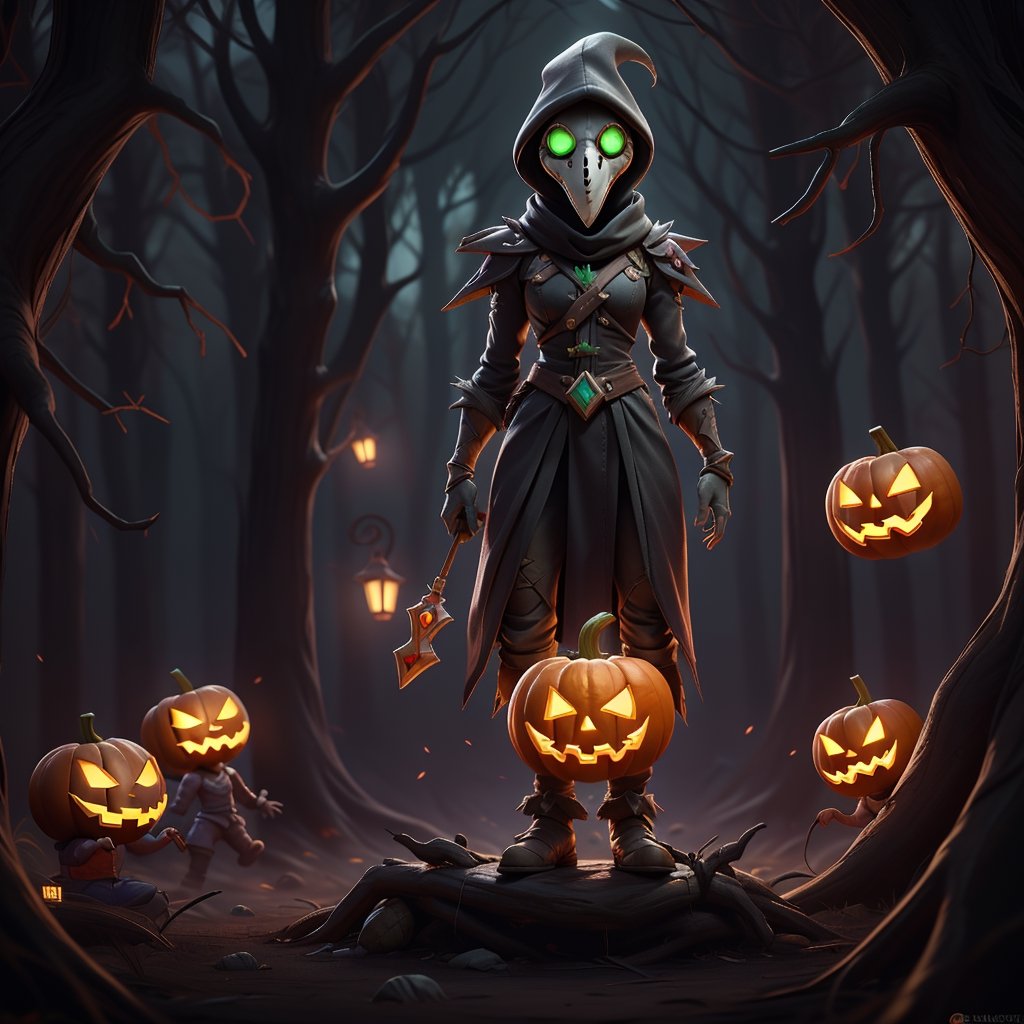 "death prophet" from Dota2 surrounded by her ghosts, glowing green eyes, full body shot, cinematic lighting, gloomy mood, horror,plague doctor,horror,Jack o 'Lantern, jack-o'-lantern monster