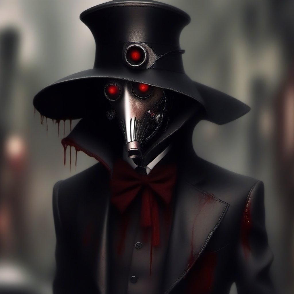 scary with blood, robot, estilo gotico con una mascara negra en forma de pico en una ciudad de neos y con humo de fondo, mascara en forma de pico, plague_mask, corbus_face_ robotic, hightech_robotics, margaret , plague doctor, Marionette,silent hill style