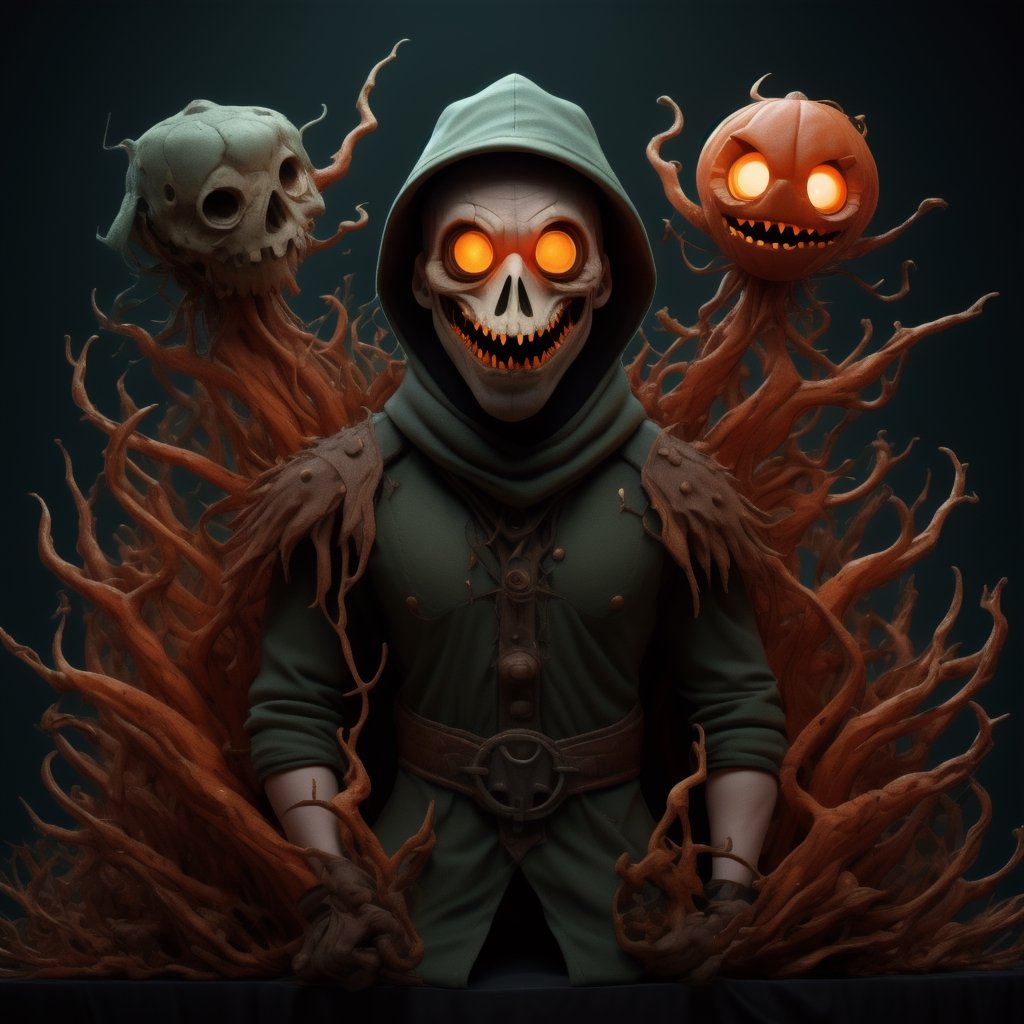 "death prophet" from Dota2 surrounded by her ghosts, glowing green eyes, full body shot, cinematic lighting, gloomy mood, horror,plague doctor,horror,Jack o 'Lantern, jack-o'-lantern monster, little elves with jack-o'-lantern heads, clash of clash, heterochromia,EpicArt,AGE REGRESSION,DonMG414