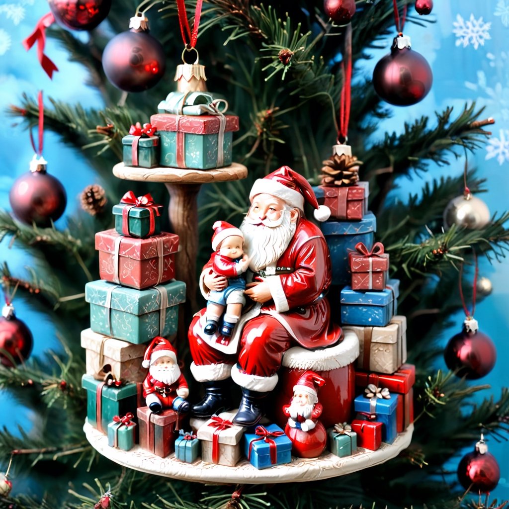 Santa Claus with a small child on his knee, surrounded by gifts of various colors, Christmas atmosphere

Art style by Kate Baylay,christmas_ornament