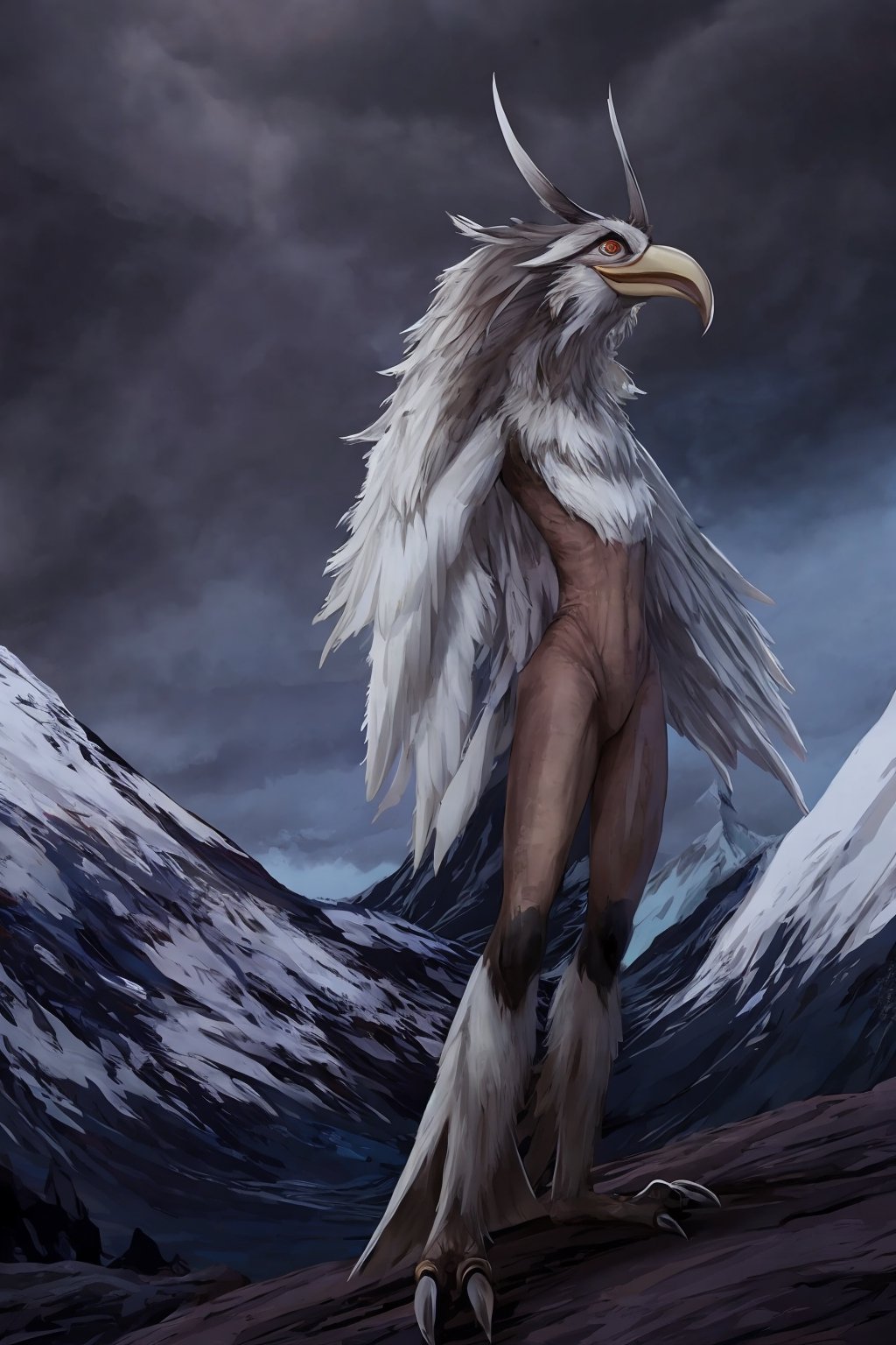 EPIC, Opium bird, standing, feathers, white feathers, bird, birdman, humanoid, bird head, with extremely long beak, long beak, long mouth, full body, bird legs, bird arms, sinister, terrifying, beautiful , ragged, wide body, fat

High quality, HD, 4kHD, cinematic, atmospheric, realistic, ultra-realistic
snow, mountain, cloudy, gray sky, dark clouds
Detail,lora:largebulg1-000012:1,AIDA_NH_humans,Pixel art,lora:largebulg1-000012:1,lora:largebulg1-000012:1
