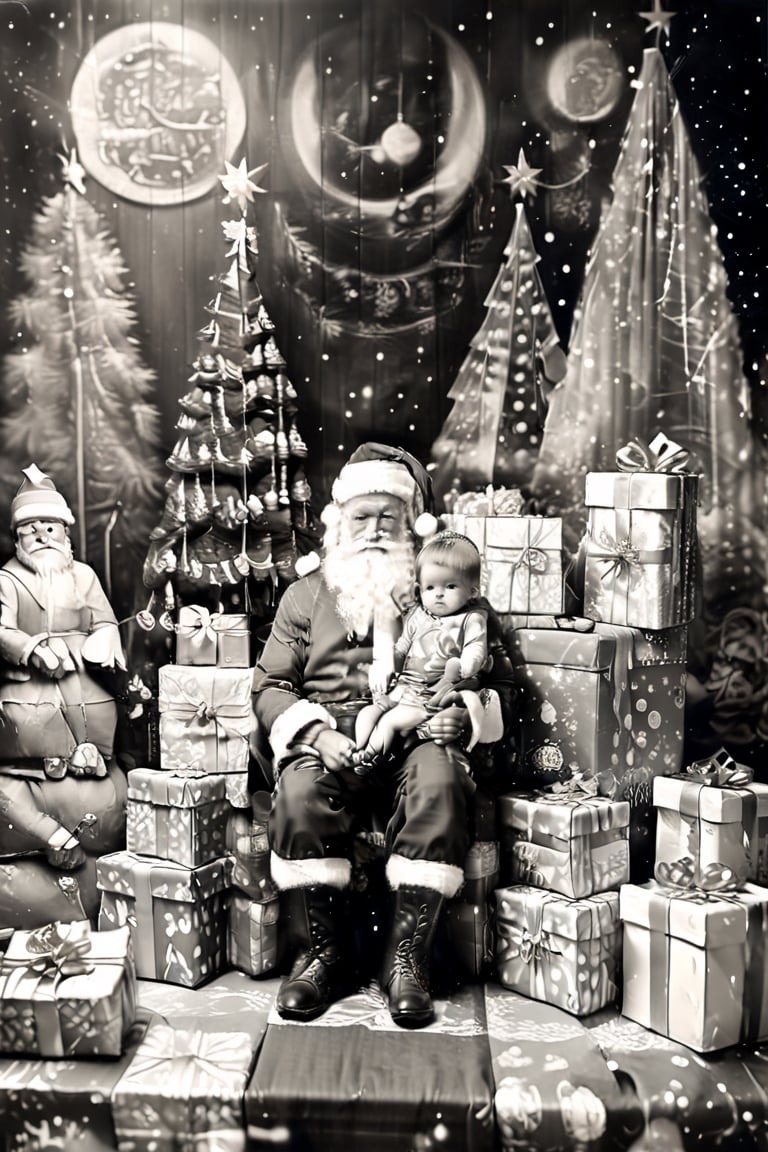 black and white photography.
High quality in the face, HD, extremely high quality in the face
Santa Claus with a small child on his knee, surrounded by gifts of various colors, Christmas atmosphere

Art style by Kate Baylay,photorealistic,kids,chibi