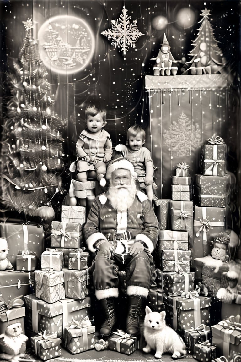 black and white photography.
High quality in the face, HD, extremely high quality in the face
Santa Claus with a small child on his knee, surrounded by gifts of various colors, Christmas atmosphere

Art style by Kate Baylay,photorealistic,kids,chibi