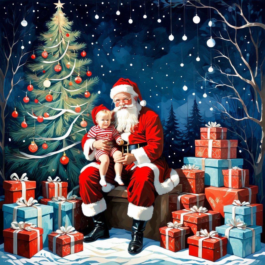 Santa Claus with a small child on his knee, surrounded by gifts, Christmas atmosphere

Art style by Kate Baylay