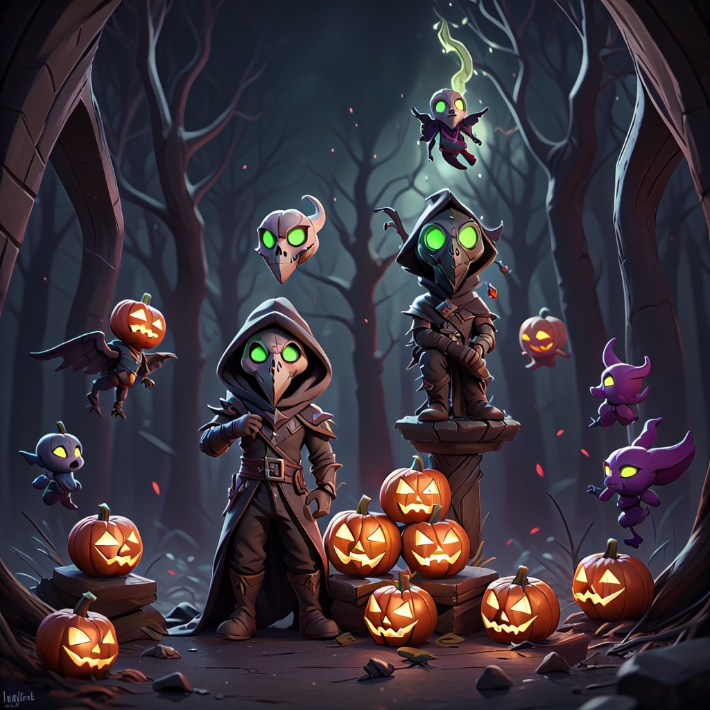 "death prophet" from Dota2 surrounded by her ghosts, glowing green eyes, full body shot, cinematic lighting, gloomy mood, horror,plague doctor,horror,Jack o 'Lantern, jack-o'-lantern monster, little elves with jack-o'-lantern heads, clash of clash, heterochromia,EpicArt,AGE REGRESSION