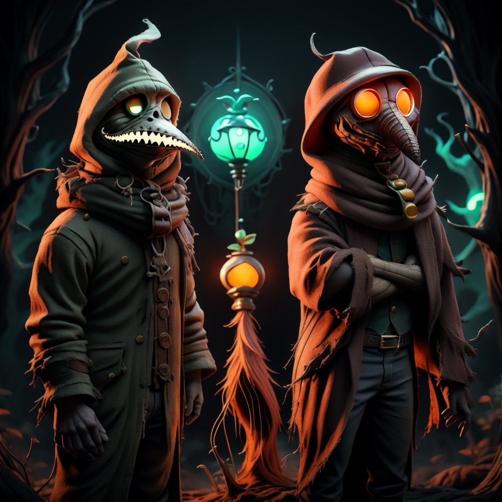 "death prophet" from Dota2 surrounded by her ghosts, glowing green eyes, full body shot, cinematic lighting, gloomy mood, horror,plague doctor,horror,Jack o 'Lantern, jack-o'-lantern monster, little elves with jack-o'-lantern heads, clash of clash, heterochromia,EpicArt,AGE REGRESSION,DonMG414