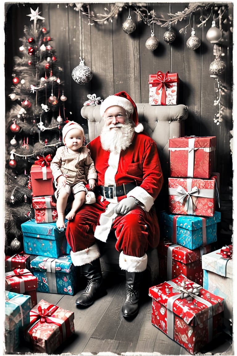 black and white photography.
Santa Claus with a small child on his knee, surrounded by gifts of various colors, Christmas atmosphere

Art style by Kate Baylay,