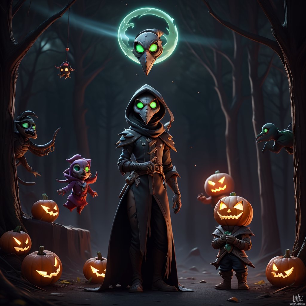 "death prophet" from Dota2 surrounded by her ghosts, glowing green eyes, full body shot, cinematic lighting, gloomy mood, horror,plague doctor,horror,Jack o 'Lantern, jack-o'-lantern monster, little elves with jack-o'-lantern heads