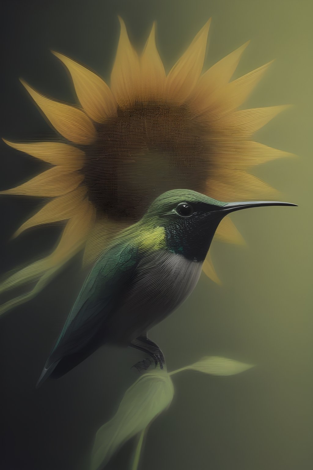 Create an elegant and captivating portrait of a wonderful hummingbird sniffing a sunflower. Use vibrant light and shadow to highlight complex details and jagged edges. Let the dark black and gold textured background accentuate the painting, combining modern styles with neon green and yellow paints, give a touch of pen painting, watercolor and oil techniques. Embrace negative space with captivating brushstrokes and stencil art, evoking beauty and allure.,Digital painting ,ColorART,pencil sketch,<lora:659095807385103906:1.0>