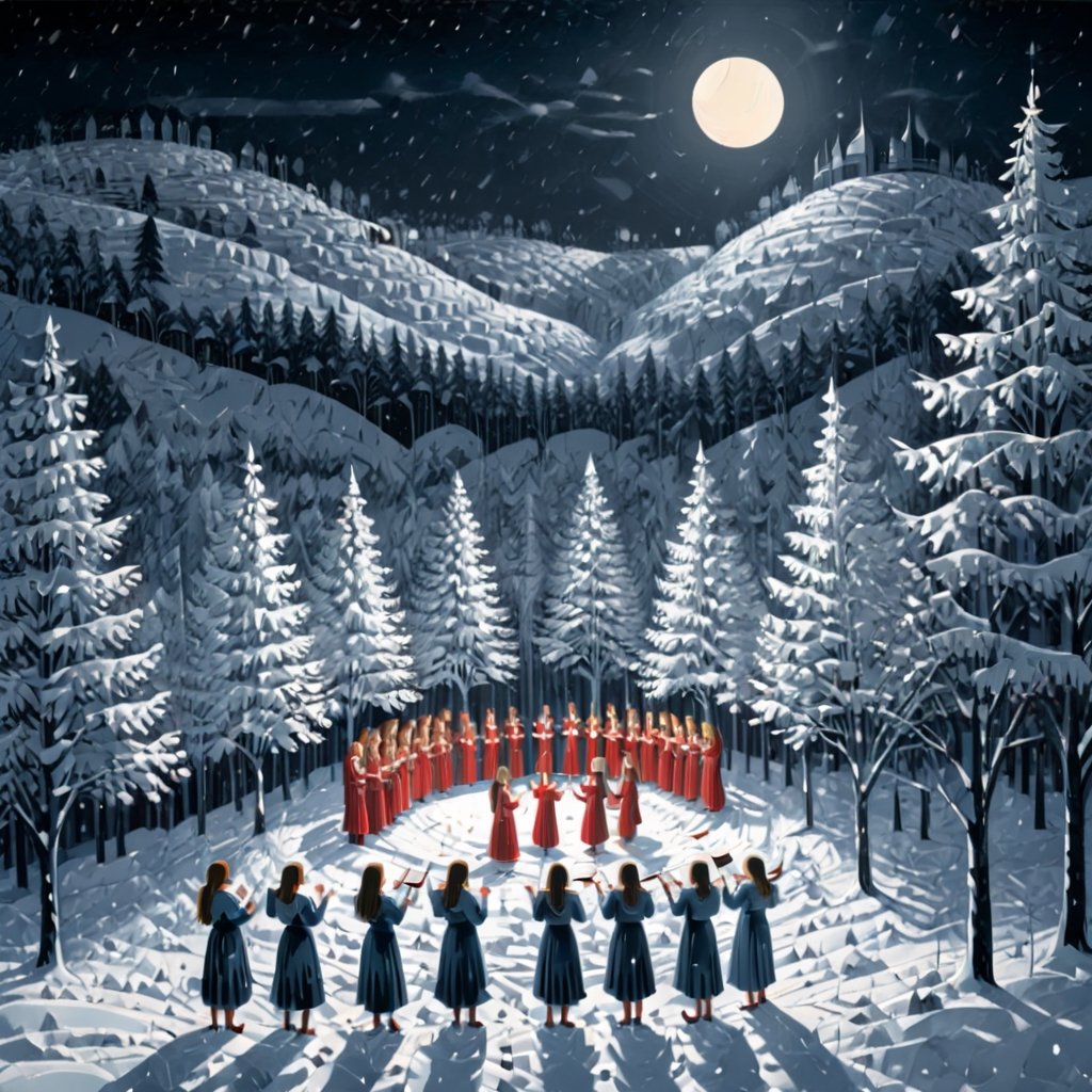 Artistic style of Gerd Arntz, girls in a snowy landscape singing in a choir, snowy and Christmas landscape.,Leonardo Style,ral-chrcrts