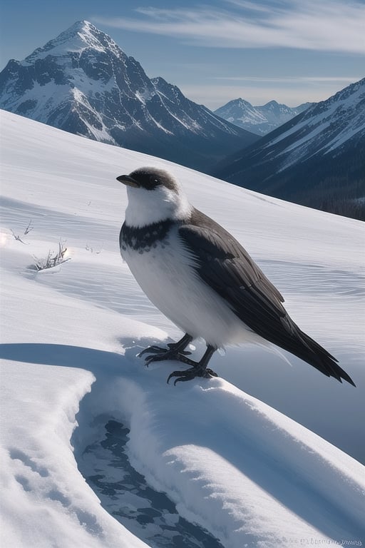 Hombre pájaro aterrador de plumaje blanco y pelo blanco con largo pico fotorrealista y extremadamente realista de pie en un paisaje nevado,<lora:659111690174031528:1.0>