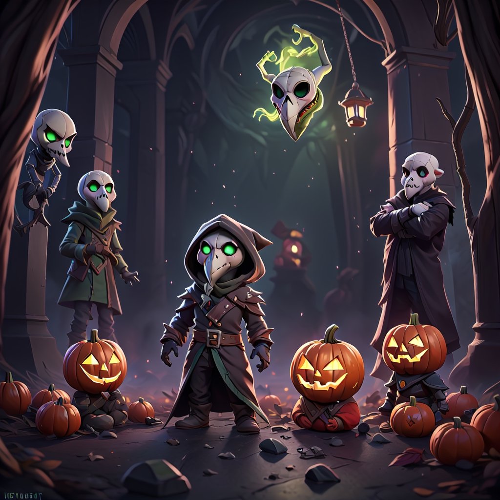 "death prophet" from Dota2 surrounded by her ghosts, glowing green eyes, full body shot, cinematic lighting, gloomy mood, horror,plague doctor,horror,Jack o 'Lantern, jack-o'-lantern monster, little elves with jack-o'-lantern heads, clash of clash, heterochromia,EpicArt,AGE REGRESSION