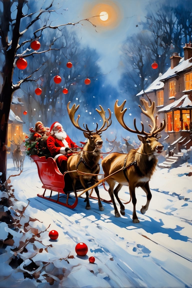 Christmas scene, a flying sleigh pulled by reindeer with bright red noses, magical scene, Santa Claus, Rudolph the reindeer with the bright red nose


Paul Hedley's artistic style in burnt umber and rose tones,

,BJ_Blue_butterfly