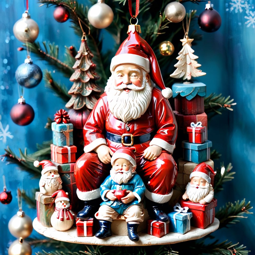 Santa Claus with a small child on his knee, surrounded by gifts of various colors, Christmas atmosphere

Art style by Kate Baylay,christmas_ornament
