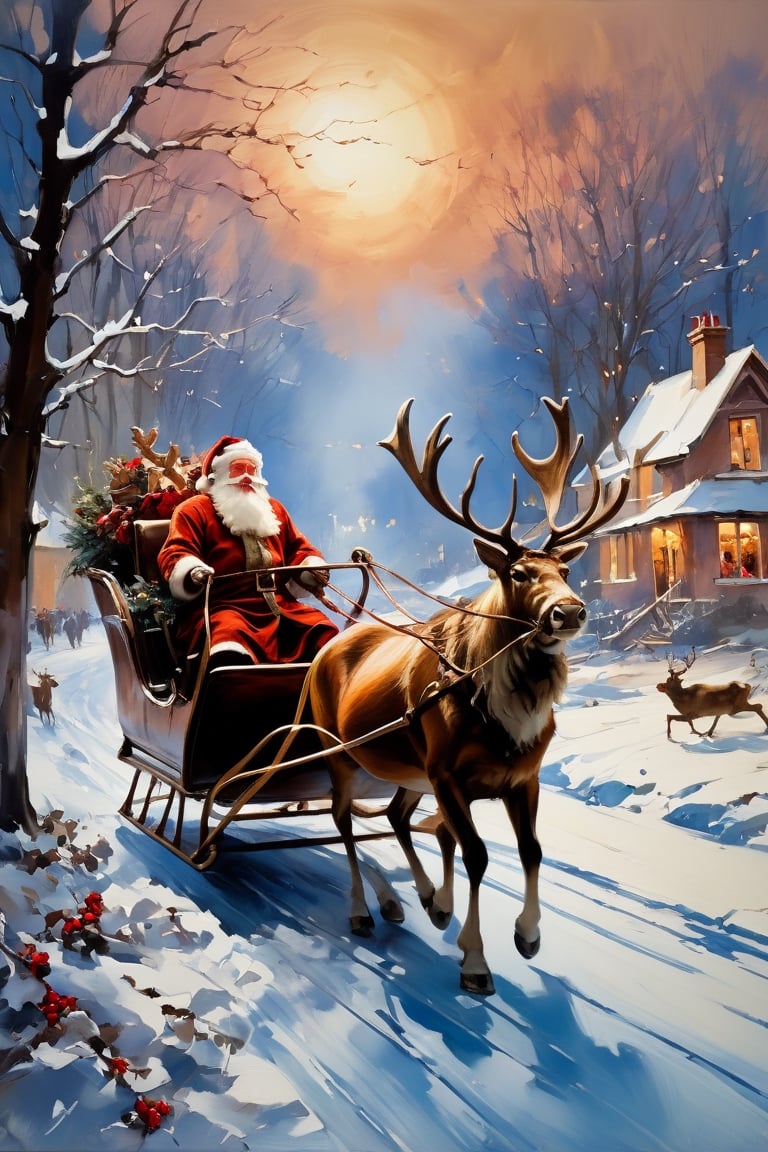 Christmas scene, a flying sleigh pulled by reindeer, magical scene, Santa Claus


Paul Hedley's artistic style in burnt umber and rose tones,

,BJ_Blue_butterfly