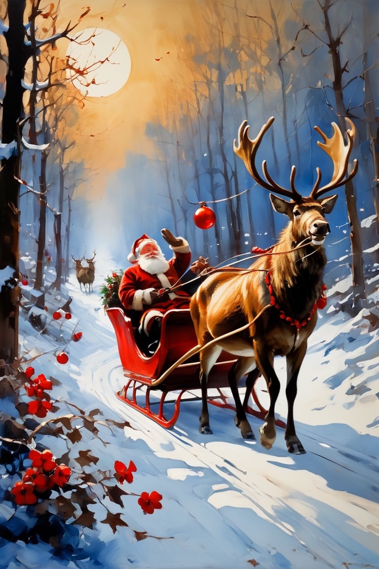 Christmas scene, a flying sleigh pulled by reindeer with bright red noses, magical scene, Santa Claus, Rudolph the reindeer with the bright red nose


Paul Hedley's artistic style in burnt umber and rose tones,

,BJ_Blue_butterfly