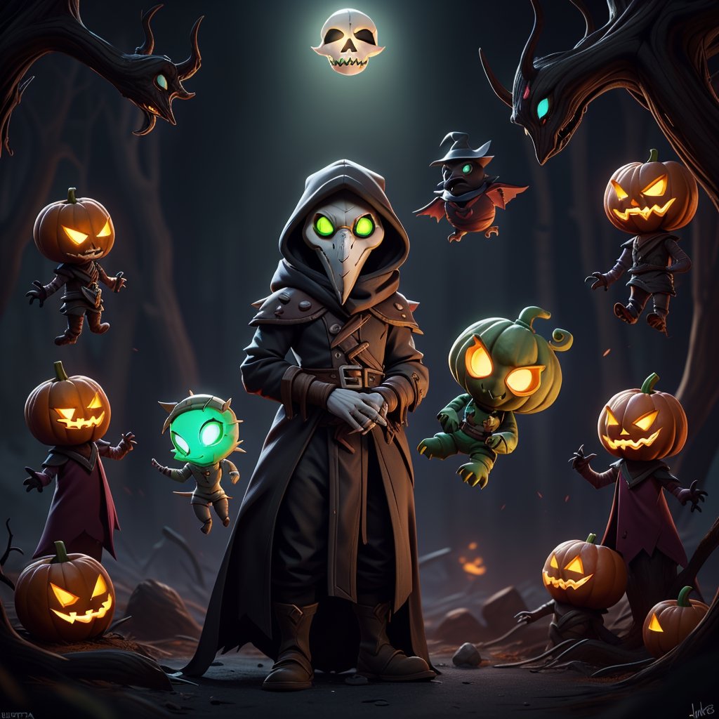 "death prophet" from Dota2 surrounded by her ghosts, glowing green eyes, full body shot, cinematic lighting, gloomy mood, horror,plague doctor,horror,Jack o 'Lantern, jack-o'-lantern monster, little elves with jack-o'-lantern heads