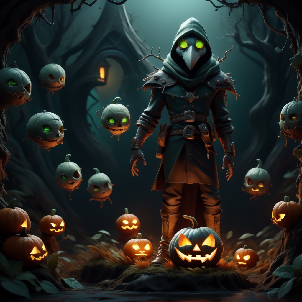 "death prophet" from Dota2 surrounded by her ghosts, glowing green eyes, full body shot, cinematic lighting, gloomy mood, horror,plague doctor,horror,Jack o 'Lantern, jack-o'-lantern monster, little elves with jack-o'-lantern heads, clash of clash, heterochromia,EpicArt,AGE REGRESSION,DonMG414 