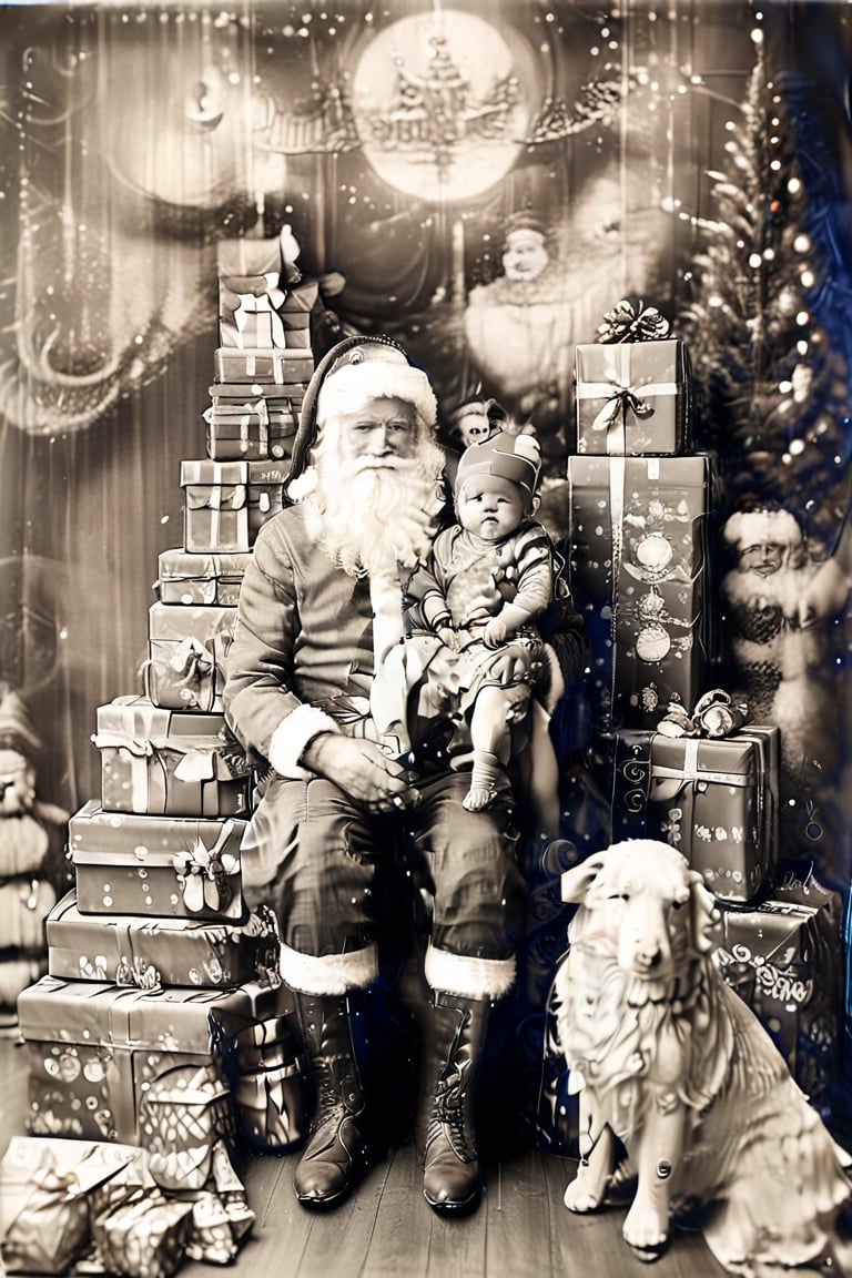 black and white photography.
High quality in the face, HD, extremely high quality in the face
Santa Claus with a small child on his knee, surrounded by gifts of various colors, Christmas atmosphere

Art style by Kate Baylay,