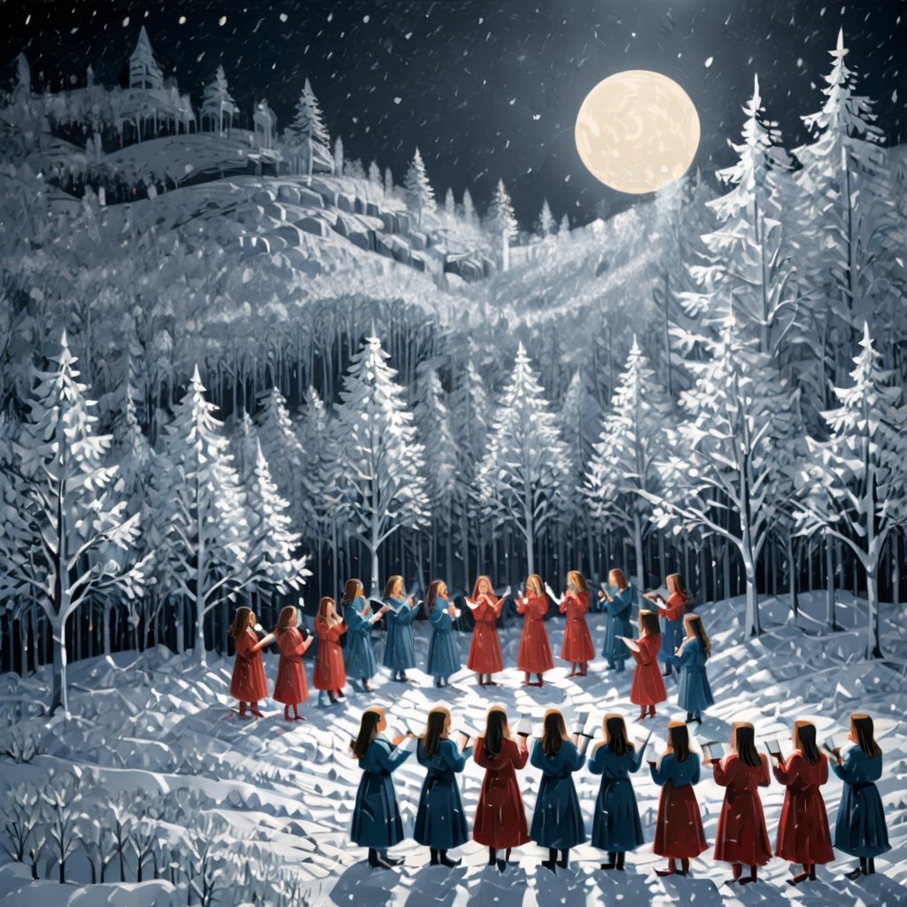 Artistic style of Gerd Arntz, girls in a snowy landscape singing in a choir, snowy and Christmas landscape.,Leonardo Style,ral-chrcrts