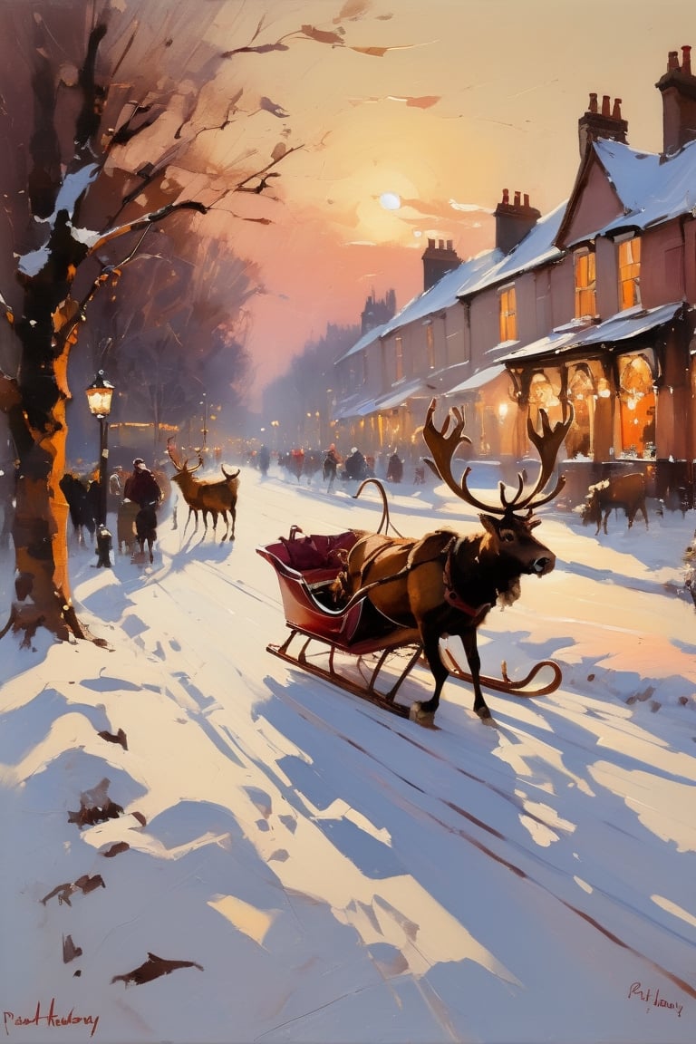 Christmas scene, a flying sleigh pulled by reindeer, magical scene,

Paul Hedley's artistic style in burnt umber and rose tones,

