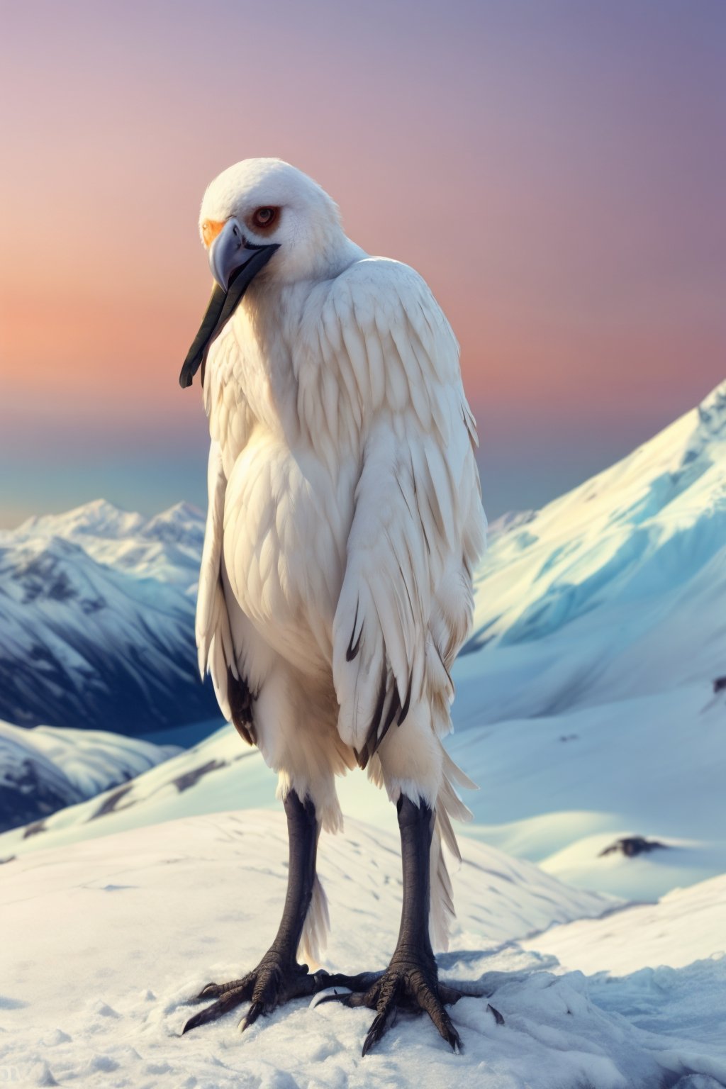 white feathers, white plumage, snow, in the arctic, scary appearance, bad proportions, opium_bird, (((humanoid bird))), (((bird))), feathers all over the body, feathers,
photography,creepy, dull colors, tall, thin, very tall,, photography, 8k, hi res, 40mm lens, (Best quality:1.2), (masterpiece:1.2)