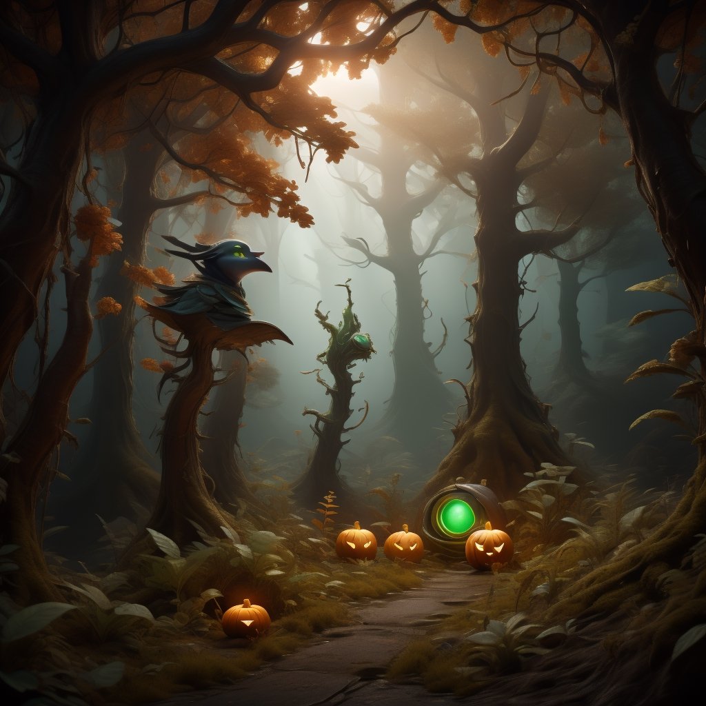 "death prophet" from Dota2 surrounded by her ghosts, glowing green eyes, full body shot, cinematic lighting, gloomy mood, horror,plague doctor,horror,Jack o 'Lantern, jack-o'-lantern monster, little elves with jack-o'-lantern heads, clash of clash, heterochromia,DonMF41ryW1ng5,LatexConcept,AGE REGRESSION,DonMG414 