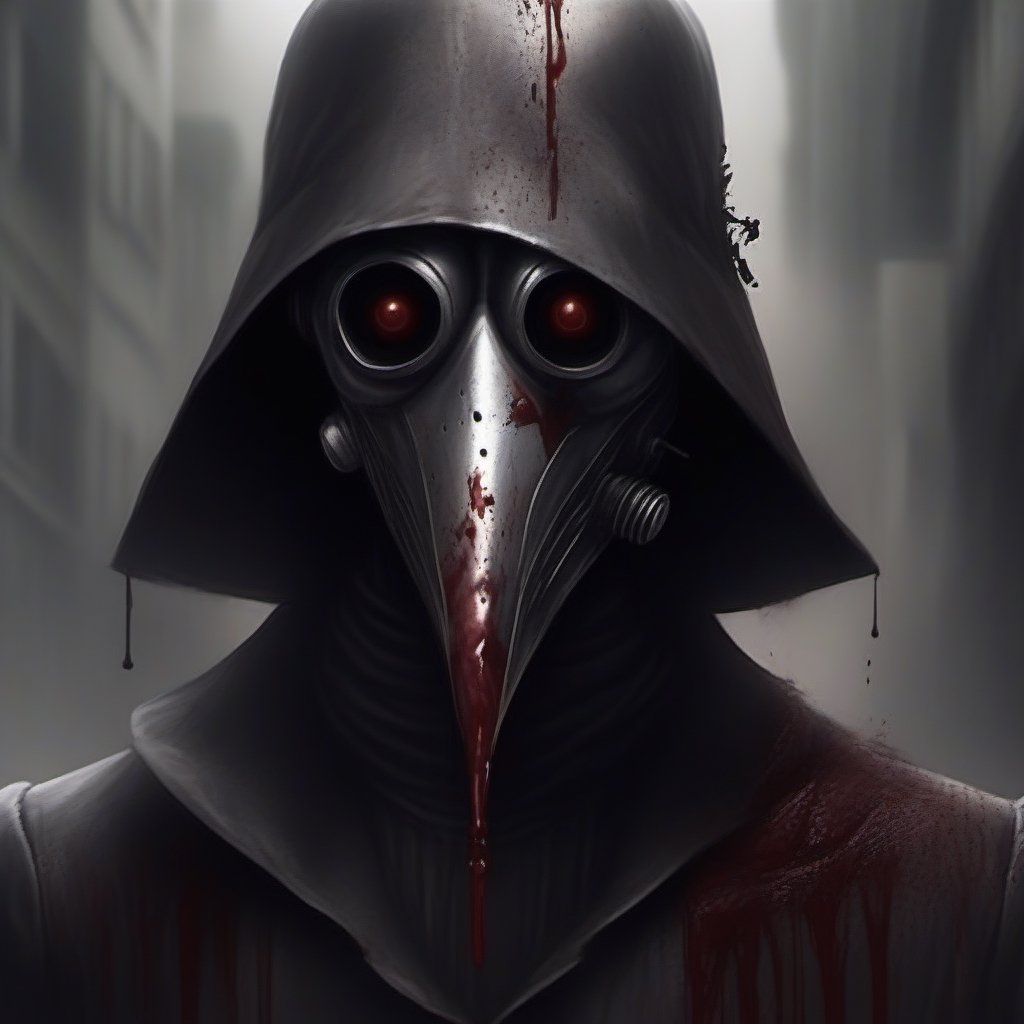 scary with blood, robot, estilo gotico con una mascara negra en forma de pico en una ciudad de neos y con humo de fondo, mascara en forma de pico, plague_mask, corbus_face_ robotic, hightech_robotics, margaret , plague doctor, Marionette,silent hill style