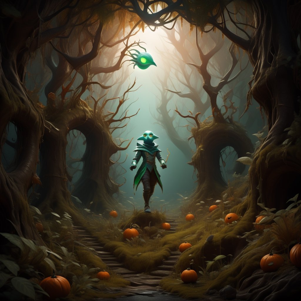 "death prophet" from Dota2 surrounded by her ghosts, glowing green eyes, full body shot, cinematic lighting, gloomy mood, horror,plague doctor,horror,Jack o 'Lantern, jack-o'-lantern monster, little elves with jack-o'-lantern heads, clash of clash, heterochromia,DonMF41ryW1ng5,LatexConcept,AGE REGRESSION,DonMG414 