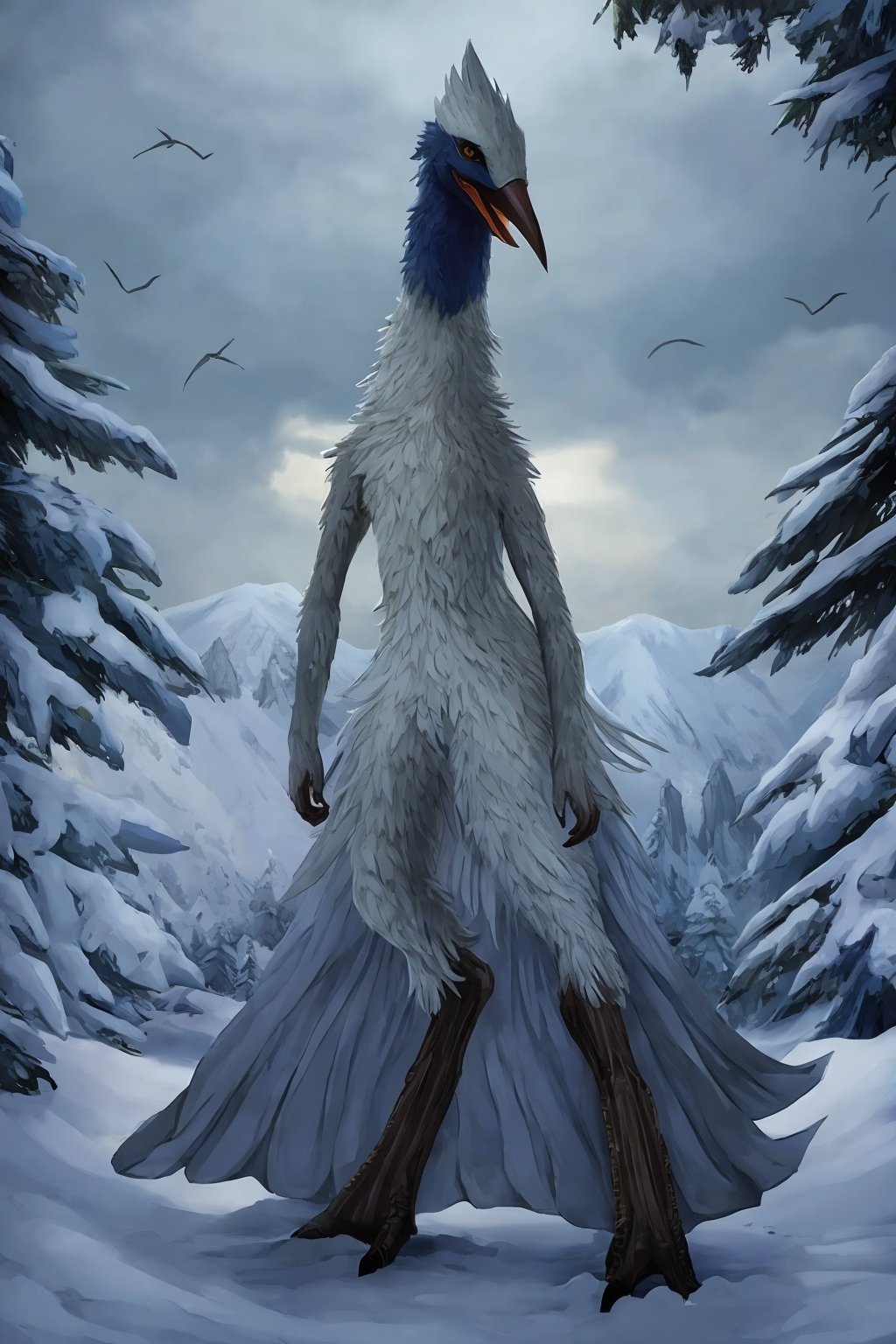 Opium bird, standing, feathers, white feathers, bird, birdman, humanoid, bird head, with extremely long beak, long beak, long mouth, full body, bird legs, bird arms, sinister, terrifying, beautiful , ragged, wide body, fat

High quality, HD, 4kHD, cinematic, atmospheric, realistic, ultra-realistic
snow, mountain, cloudy, gray sky, dark clouds
Detail,lora:largebulg1-000012:1,AIDA_NH_humans,Pixel art,lora:largebulg1-000012:1,lora:largebulg1-000012:1