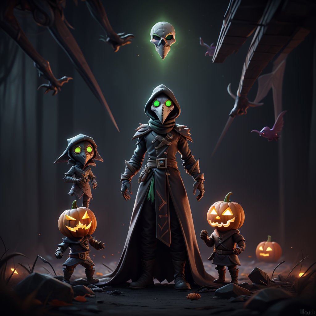 "death prophet" from Dota2 surrounded by her ghosts, glowing green eyes, full body shot, cinematic lighting, gloomy mood, horror,plague doctor,horror,Jack o 'Lantern, jack-o'-lantern monster, little elves with jack-o'-lantern heads, clash of clash, heterochromia,EpicArt,AGE REGRESSION