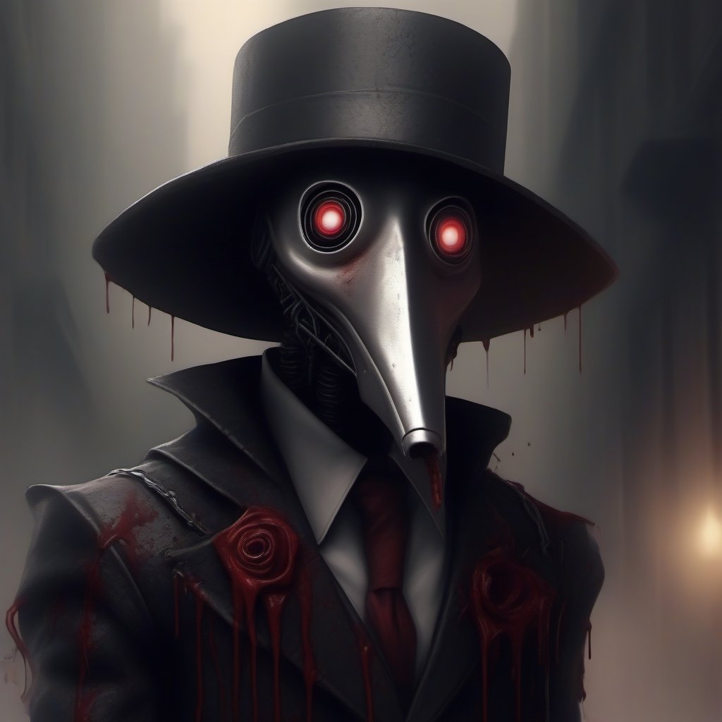 scary with blood, robot, estilo gotico con una mascara negra en forma de pico en una ciudad de neos y con humo de fondo, mascara en forma de pico, plague_mask, corbus_face_ robotic, hightech_robotics, margaret , plague doctor, Marionette,silent hill style