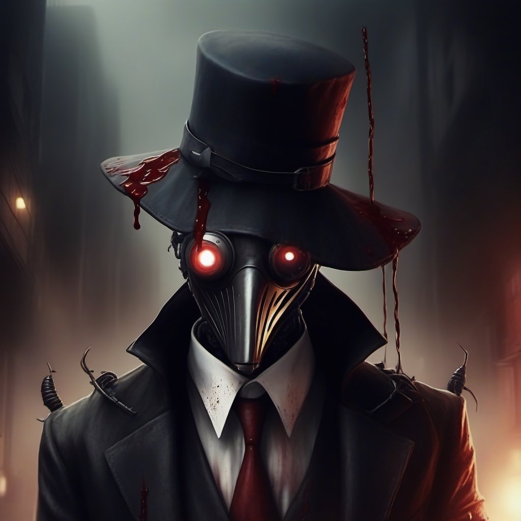 scary with blood, robot, estilo gotico con una mascara negra en forma de pico en una ciudad de neos y con humo de fondo, mascara en forma de pico, plague_mask, corbus_face_ robotic, hightech_robotics, margaret , plague doctor, Marionette,silent hill style