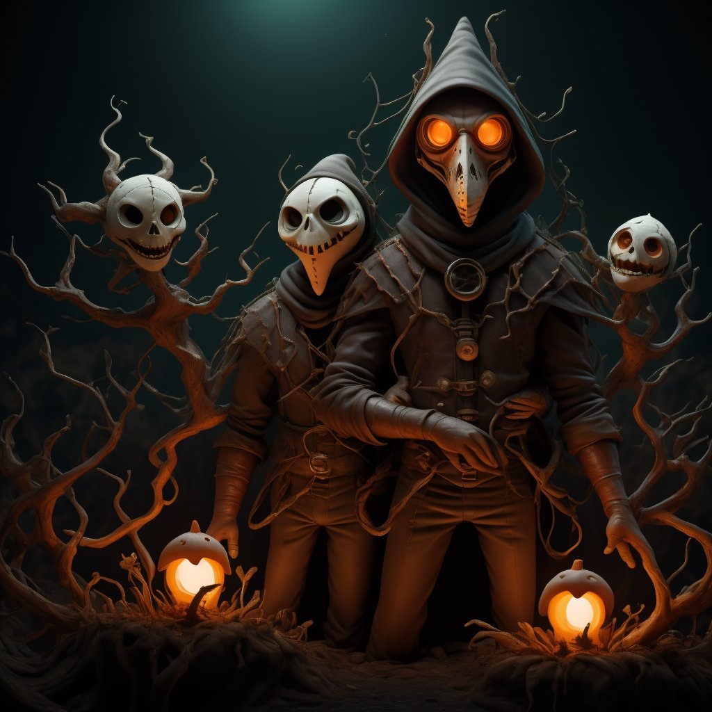 "death prophet" from Dota2 surrounded by her ghosts, glowing green eyes, full body shot, cinematic lighting, gloomy mood, horror,plague doctor,horror,Jack o 'Lantern, jack-o'-lantern monster, little elves with jack-o'-lantern heads, clash of clash, heterochromia,EpicArt,AGE REGRESSION,DonMG414