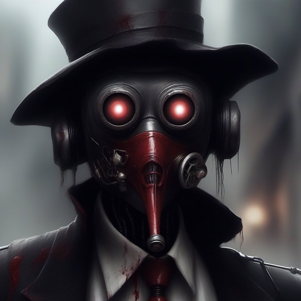 scary with blood, robot, estilo gotico con una mascara negra en forma de pico en una ciudad de neos y con humo de fondo, mascara en forma de pico, plague_mask, corbus_face_ robotic, hightech_robotics, margaret , plague doctor, Marionette,silent hill style