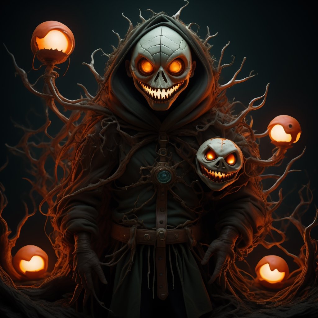 "death prophet" from Dota2 surrounded by her ghosts, glowing green eyes, full body shot, cinematic lighting, gloomy mood, horror,plague doctor,horror,Jack o 'Lantern, jack-o'-lantern monster, little elves with jack-o'-lantern heads, clash of clash, heterochromia,EpicArt,AGE REGRESSION,DonMG414 