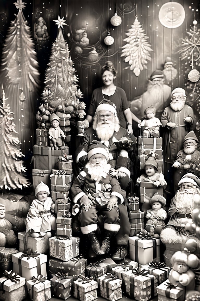 black and white photography.
High quality in the face, HD, extremely high quality in the face
Santa Claus with a small child on his knee, surrounded by gifts of various colors, Christmas atmosphere

Art style by Kate Baylay,photorealistic,kids,chibi