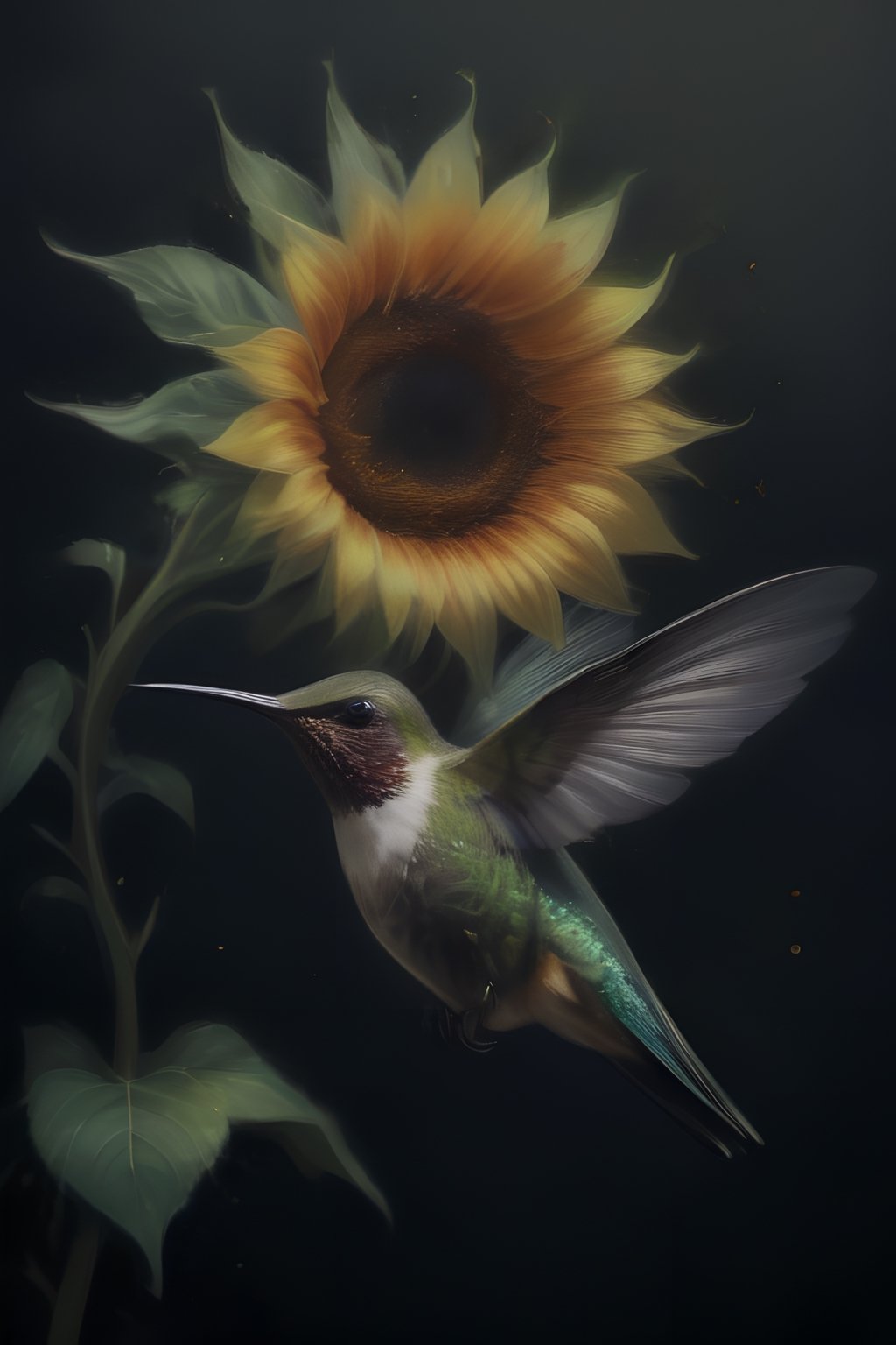 Create an elegant and captivating portrait of a wonderful hummingbird sniffing a sunflower. Use vibrant light and shadow to highlight complex details and jagged edges. Let the dark black and gold textured background accentuate the painting, combining modern styles with neon green and yellow paints, give a touch of pen painting, watercolor and oil techniques. Embrace negative space with captivating brushstrokes and stencil art, evoking beauty and allure.,Digital painting ,<lora:659095807385103906:1.0>