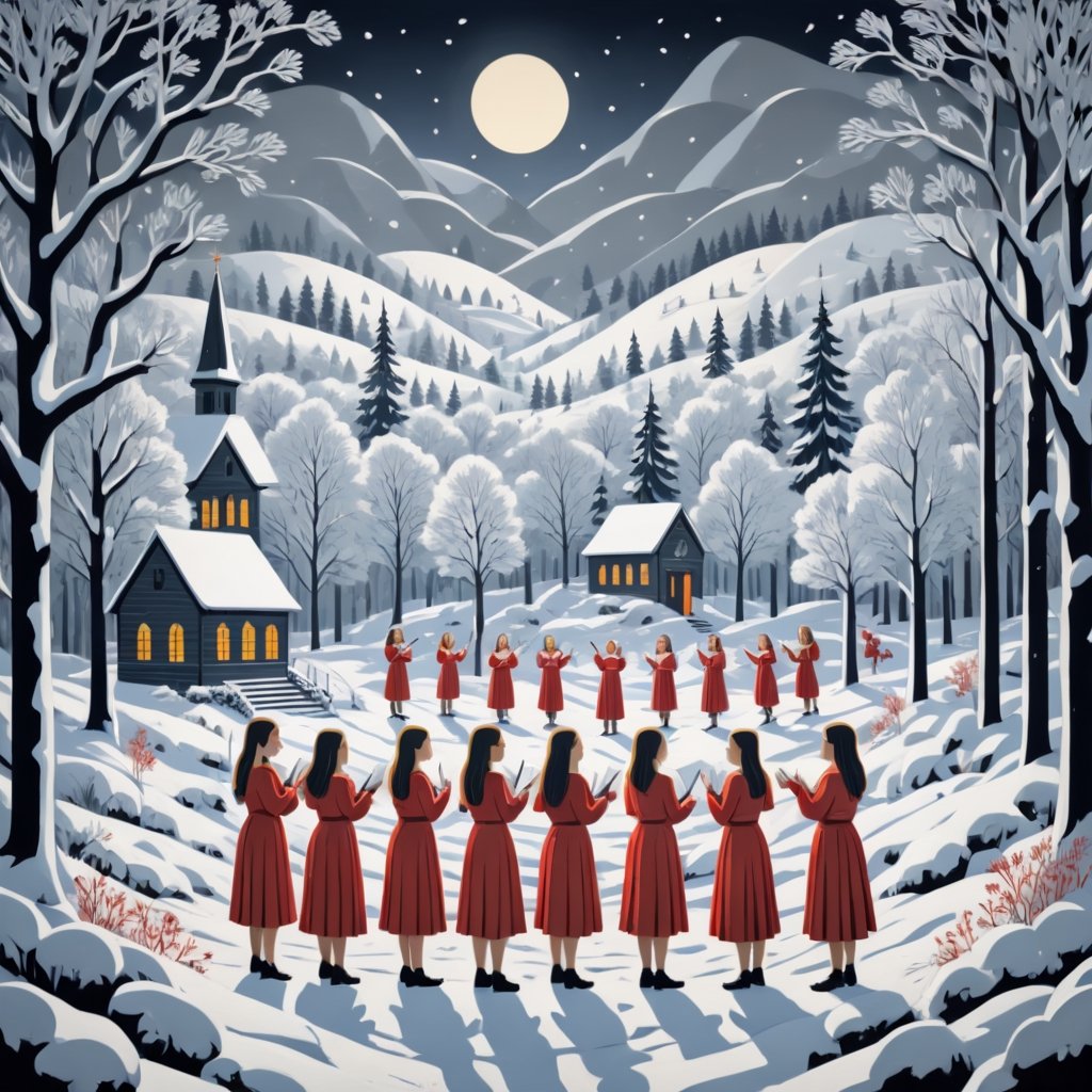Artistic style of Gerd Arntz, girls in a snowy landscape singing in a choir, snowy and Christmas landscape.,Leonardo Style
