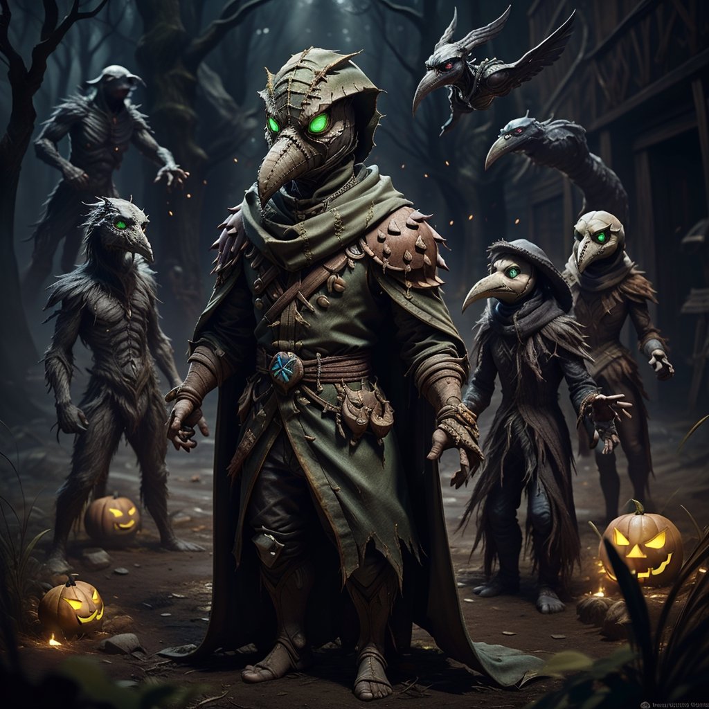 "death prophet" from Dota2 surrounded by her ghosts, glowing green eyes, full body shot, cinematic lighting, gloomy mood, horror,plague doctor,horror,Jack o 'Lantern