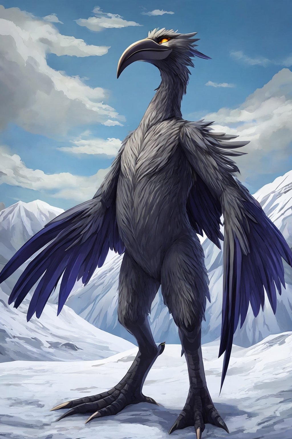 Opium bird, standing, feathers, white feathers, bird, birdman, humanoid, bird head, with extremely long beak, long beak, long mouth, full body, bird legs, bird arms, sinister, terrifying, beautiful , ragged, wide body, fat

High quality, HD, 4kHD, cinematic, atmospheric, realistic, ultra-realistic
snow, mountain, cloudy, gray sky, dark clouds
Detail,lora:largebulg1-000012:1,AIDA_NH_humans,Pixel art,lora:largebulg1-000012:1,lora:largebulg1-000012:1