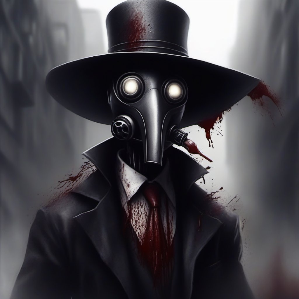 scary with blood, robot, estilo gotico con una mascara negra en forma de pico en una ciudad de neos y con humo de fondo, mascara en forma de pico, plague_mask, corbus_face_ robotic, hightech_robotics, margaret , plague doctor, Marionette,silent hill style