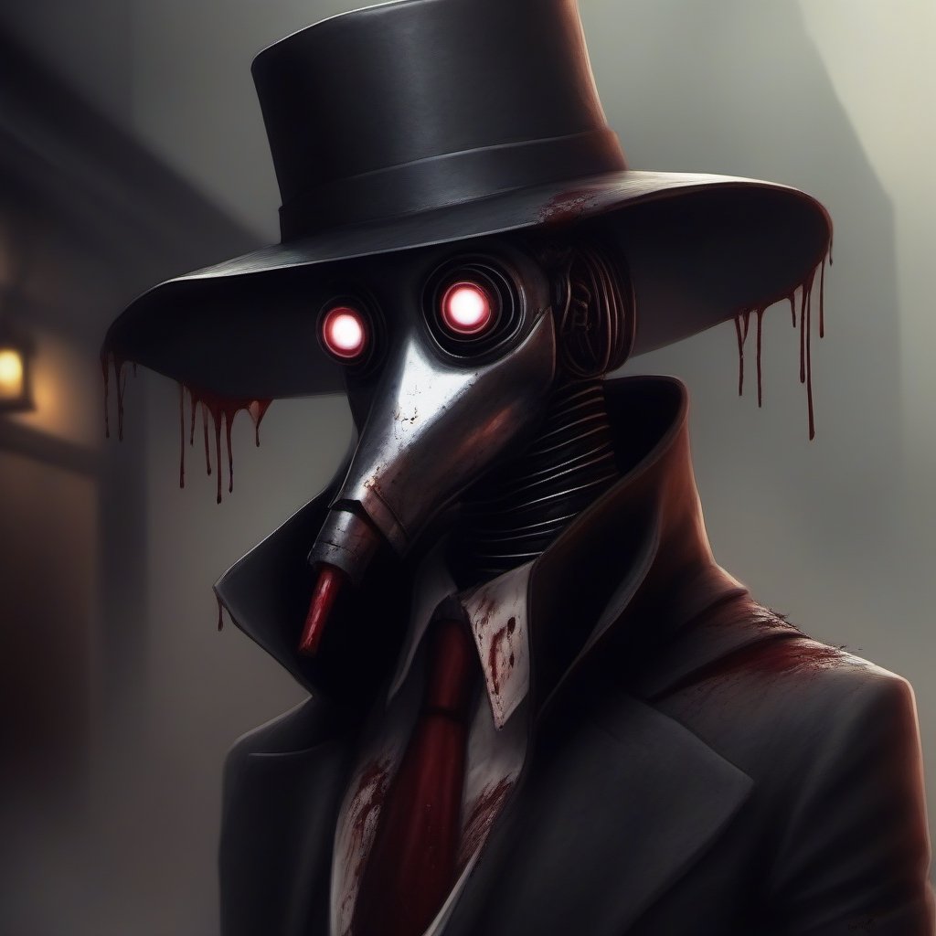 scary with blood, robot, estilo gotico con una mascara negra en forma de pico en una ciudad de neos y con humo de fondo, mascara en forma de pico, plague_mask, corbus_face_ robotic, hightech_robotics, margaret , plague doctor, Marionette,silent hill style