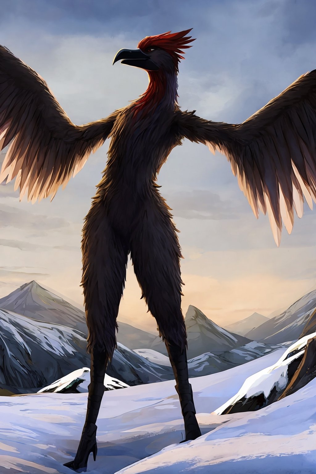 Opium bird, standing, feathers, white feathers, bird, birdman, humanoid, bird head, with extremely long beak, long beak, long mouth, full body, bird legs, bird arms, sinister, terrifying, beautiful , ragged, wide body, fat

High quality, HD, 4kHD, cinematic, atmospheric, realistic, ultra-realistic
snow, mountain, cloudy, gray sky, dark clouds
Detail,lora:largebulg1-000012:1,AIDA_NH_humans,Pixel art,lora:largebulg1-000012:1,lora:largebulg1-000012:1