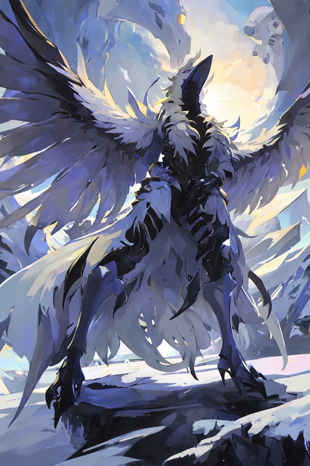 Opium bird, standing, feathers, white feathers, bird, birdman, humanoid, bird head, with extremely long beak, long beak, long mouth, full body, bird legs, bird arms, sinister, terrifying, beautiful , ragged, wide body, fat

High quality, HD, 4kHD, cinematic, atmospheric, realistic, ultra-realistic
snow, mountain, cloudy, gray sky, dark clouds
Detail,lora:largebulg1-000012:1,AIDA_NH_humans