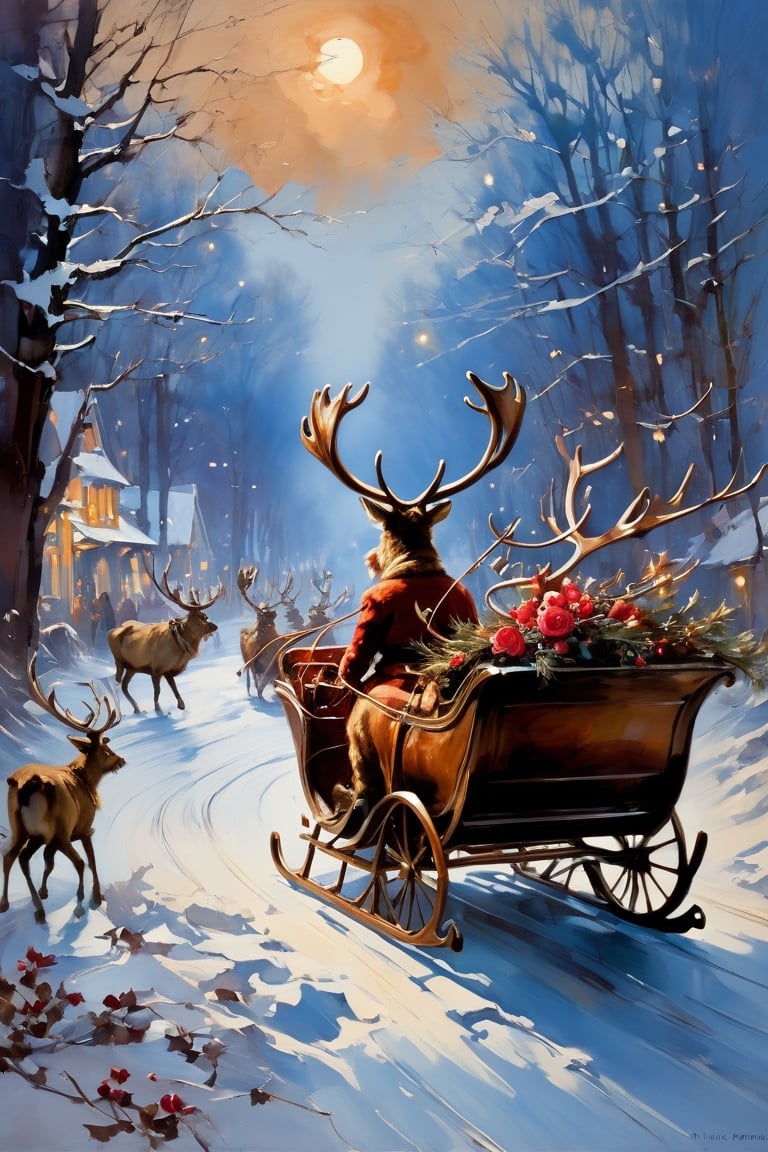 Christmas scene, a flying sleigh pulled by reindeer, magical scene, Santa Claus


Paul Hedley's artistic style in burnt umber and rose tones,

,BJ_Blue_butterfly